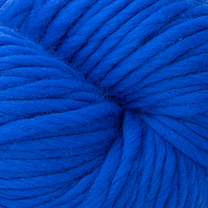A close-up of bright royal blue yarn wound into a skein, showing the soft, fuzzy texture of the fibers.