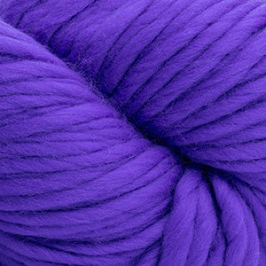A close-up of bright purple yarn wound into a skein, showing the soft, fuzzy texture of the fibers.