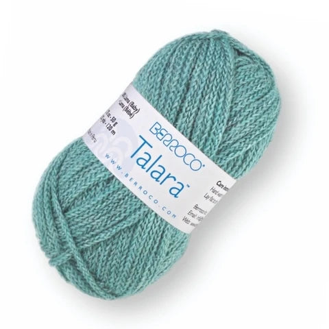 A skein of teal Berroco Talara yarn with a white paper label, photographed on a clean white background.