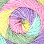 A close-up of a skein of variegated yarn with pastel stripes of pink, yellow, green, blue, and purple.