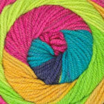 A close-up of a colorful skein of yarn wound into a spiral, showing bright neon yellow-green, pink, teal blue, orange, and dark purple sections.