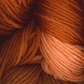 Close-up of variegated yarn in warm orange, rust, and peach tones.