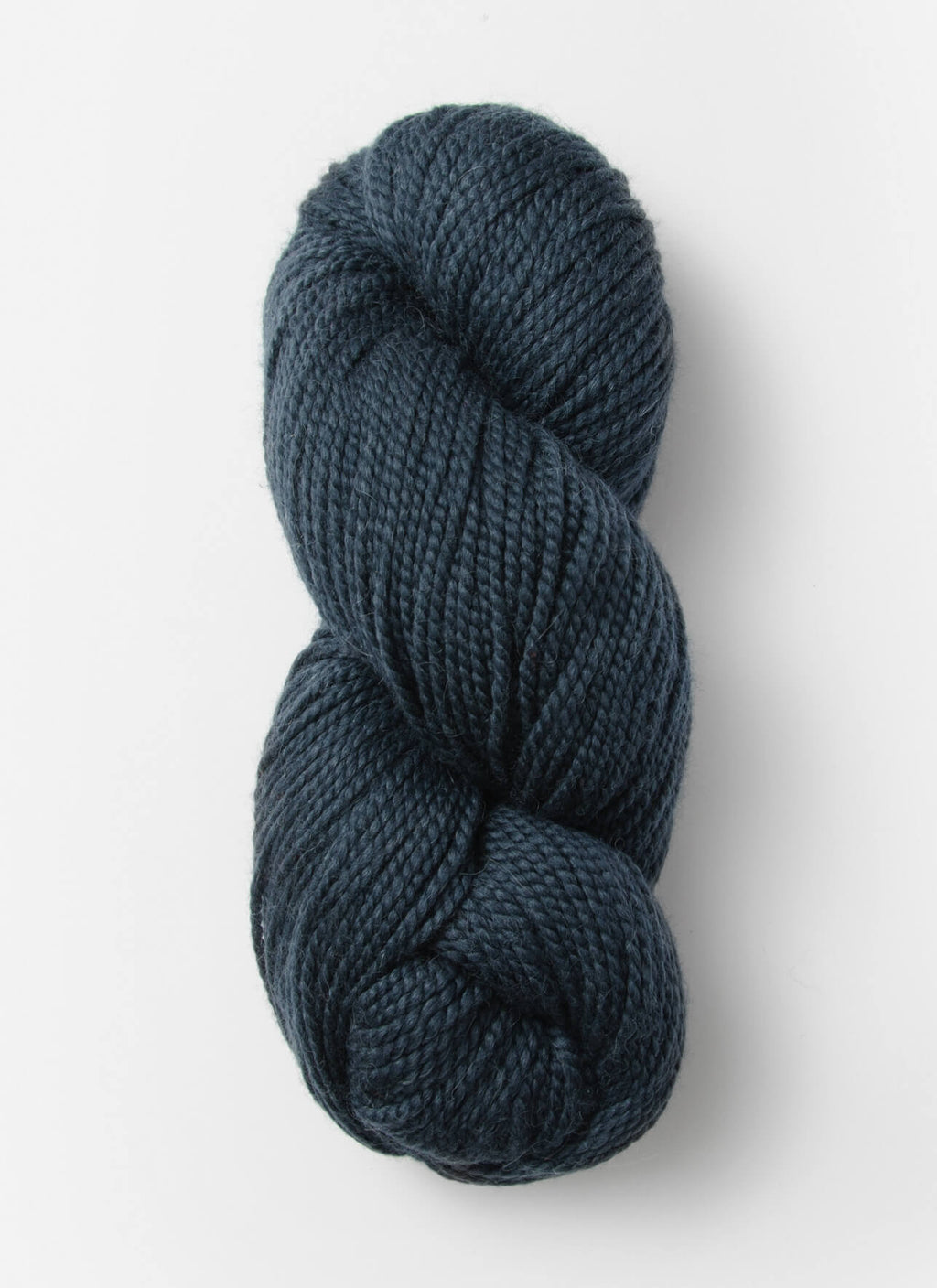 A single skein of dark navy blue yarn, twisted into a classic hank, photographed against a clean white background.