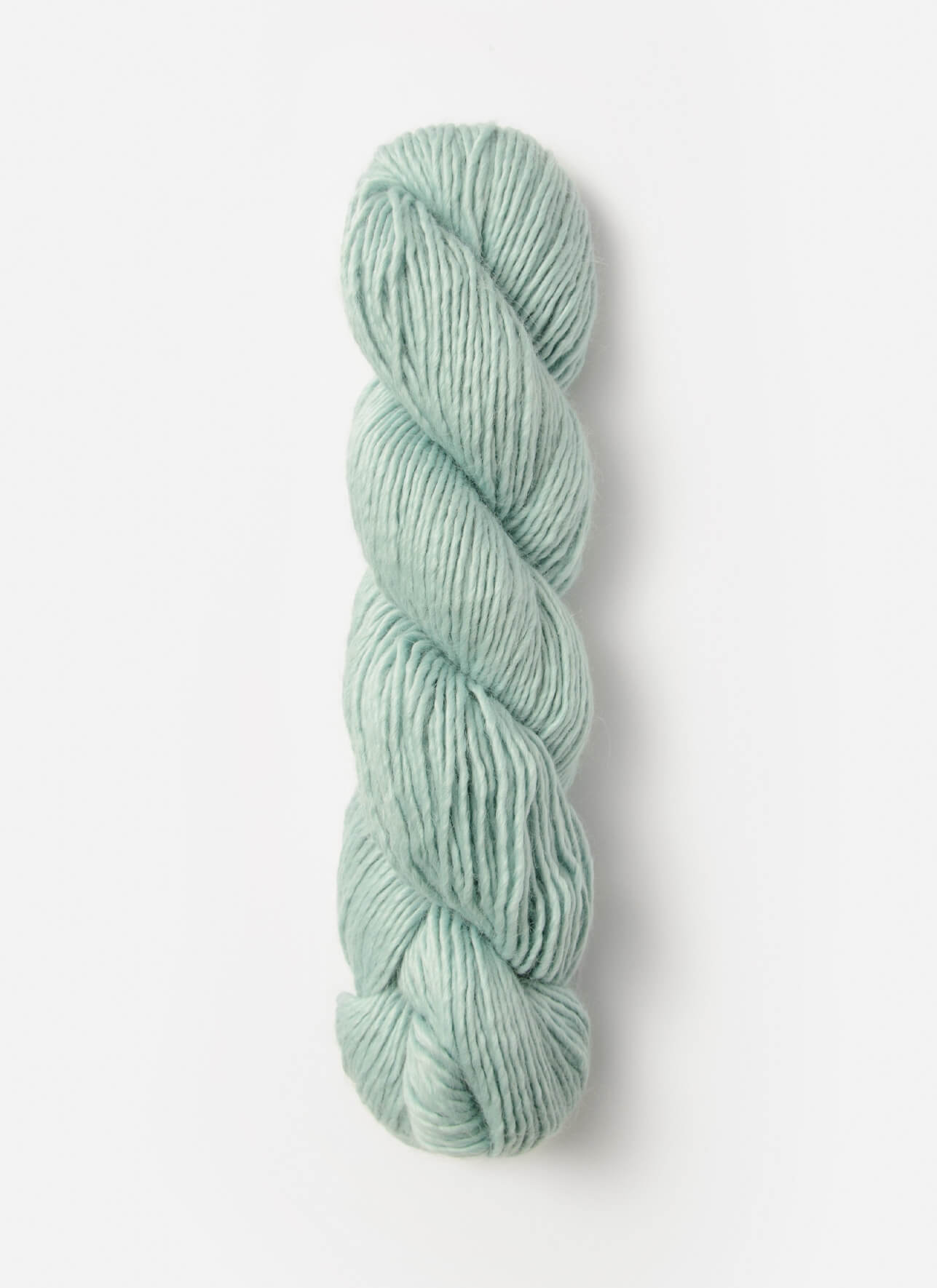 A single skein of soft mint green yarn photographed upright against a clean white background.
