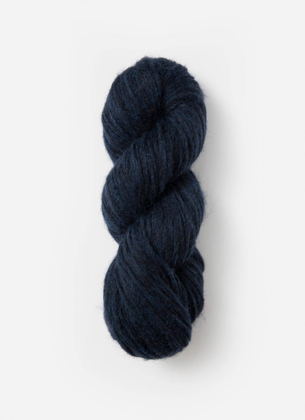 A single skein of dark navy blue yarn, twisted into a classic hank, shown against a clean, light off-white background.