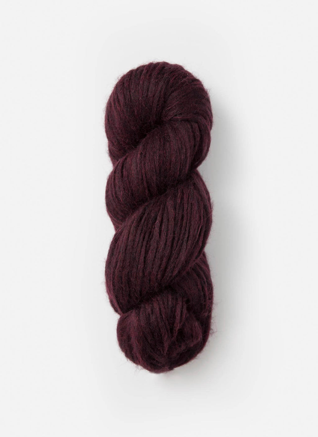 A single skein of dark plum purple yarn, twisted into a classic hank, displayed against a clean, light off-white background.
