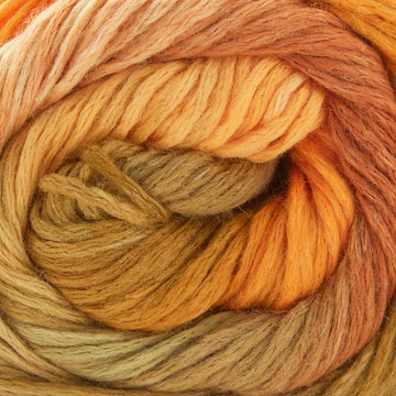 Close-up of a skein of multicolored yarn with shades of orange, beige, and brown.