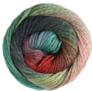 A single ball of variegated yarn with blended shades of teal, green, blue, red, and brown, shown against a plain white background.