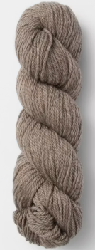 A skein of heathered taupe-brown yarn wound into a twisted hank, shown against a plain white background.