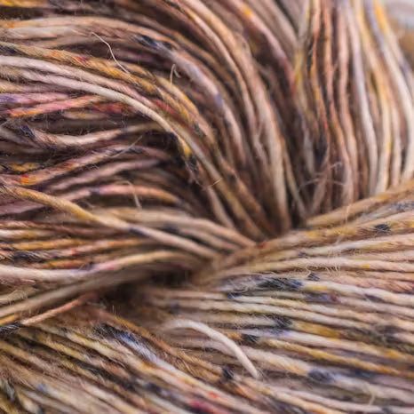 Close-up of a skein of variegated yarn with blended shades of brown, beige, orange, and hints of dark charcoal.