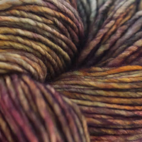 Close-up of variegated yarn with blended warm tones including brown, rust orange, burgundy, and beige.