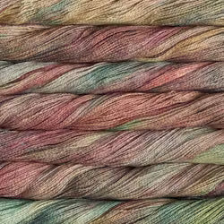Close-up of variegated yarn strands stacked horizontally, showing blended earthy tones including dusty pink, sage green, beige, and mauve.