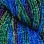 Close-up of variegated yarn with alternating strands of blue, green, and purple.