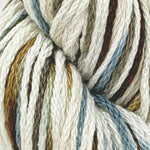 Close-up of a skein of variegated yarn with twisted strands in cream, beige, light blue, brown, and olive tones.