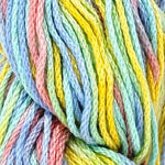 Close-up of a skein of variegated yarn with pastel stripes in pink, yellow, green, blue, and orange.
