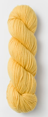 A single skein of soft pastel yellow yarn photographed against a light gray background.