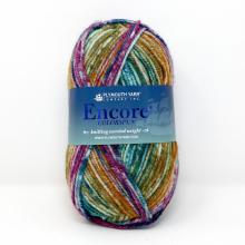 Multicolored skein of yarn with Plymouth Yarn label on a white background