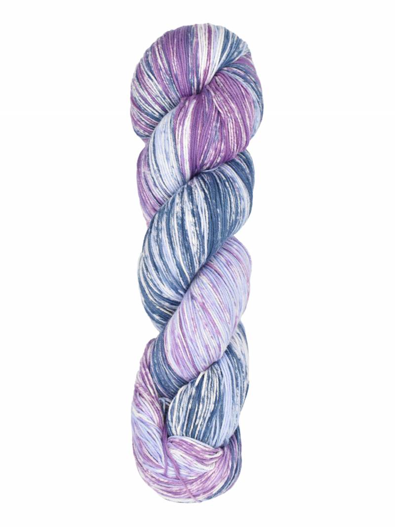 A single skein of variegated yarn with marled stripes of purple, blue, and white, isolated on a solid white background.