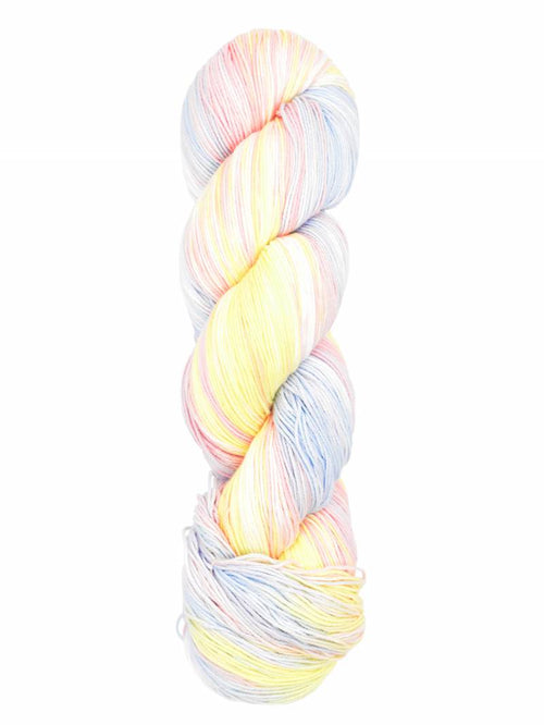 A single twisted hank of variegated yarn in pastel shades of yellow, pink, and light blue, isolated on a white background.