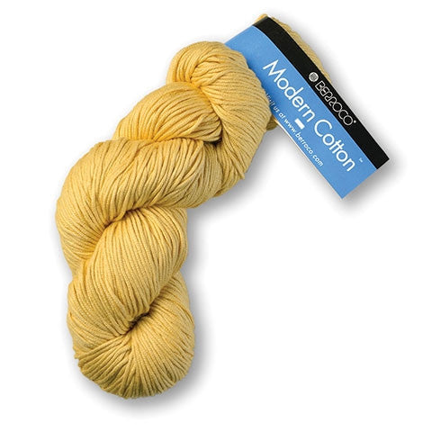 Yellow skein of yarn with a label on a white background