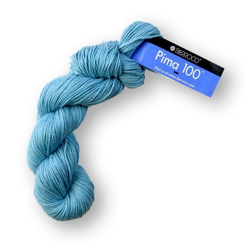 Blue skein of yarn with a label on a white background