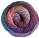 A single ball of variegated yarn with blended shades of purple, blue, teal, and pink, shown against a plain white background.