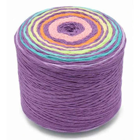 A spool of variegated yarn wound in concentric rings of purple, pink, orange, yellow-green, and turquoise on a white background.