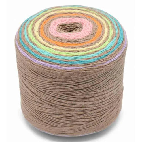 A cone of variegated yarn wound in concentric rainbow stripes of brown, pink, orange, yellow, teal, and purple, photographed on a clean white background.