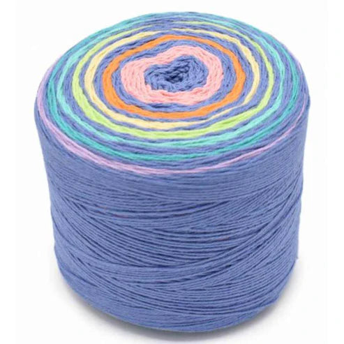 A single spool of variegated yarn wound in concentric rings of pastel blue, lavender, pink, orange, yellow-green, and teal on a white background.