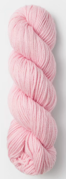 A single skein of light pink yarn photographed on a plain white background.