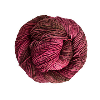 A single skein of variegated yarn in a deep plum and burgundy colorway, isolated on a solid white background.