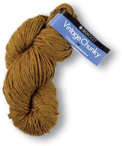 Brown skein of yarn with a 'Vintage Chunky' label on a white background
