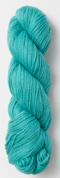A single skein of bright turquoise yarn wound vertically against a plain white background.